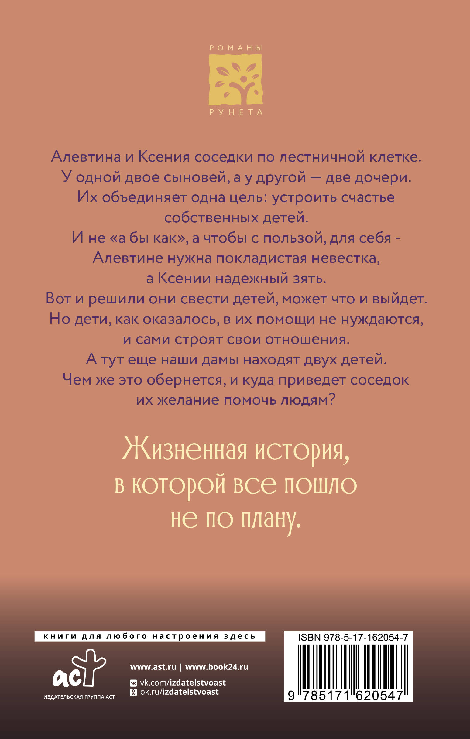 Алевтина и Ксения соседки по лестничной клетке. У одной двое сыновей, а у другой — две дочери. Их объединяет одна цель: устроить счастье собственных детей. И не «а бы как», а чтобы с пользой, для себя — Алевтине нужна покладистая невестка, а Ксении надежный зять. Вот и решили они свести детей, может что и выйдет. Но дети, как оказалось, в их помощи не нуждаются, и сами строят свои отношения. А тут еще наши дамы находят двух детей. Чем же это обернется, и куда приведет соседок их желание помочь людям? Жизненная история, в которой все пошло не по плану.